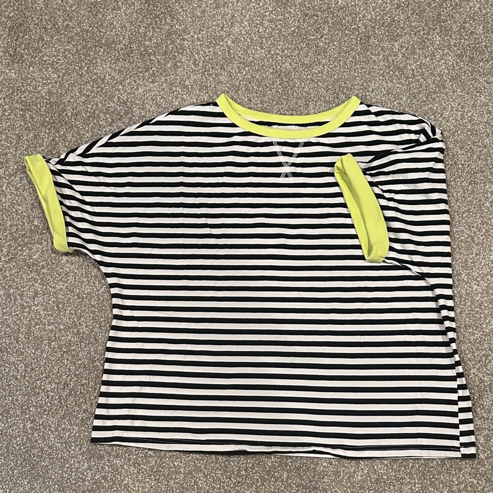Oversized Striped Black and White T-Shirt with Neon Accents-S